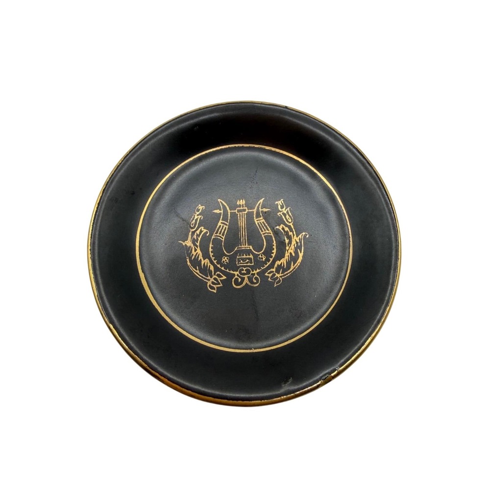 Vintage Ardalt Lenwile Artware Black Gold Lyre Harp Trinket‎ Dish 7338 Japan 4"